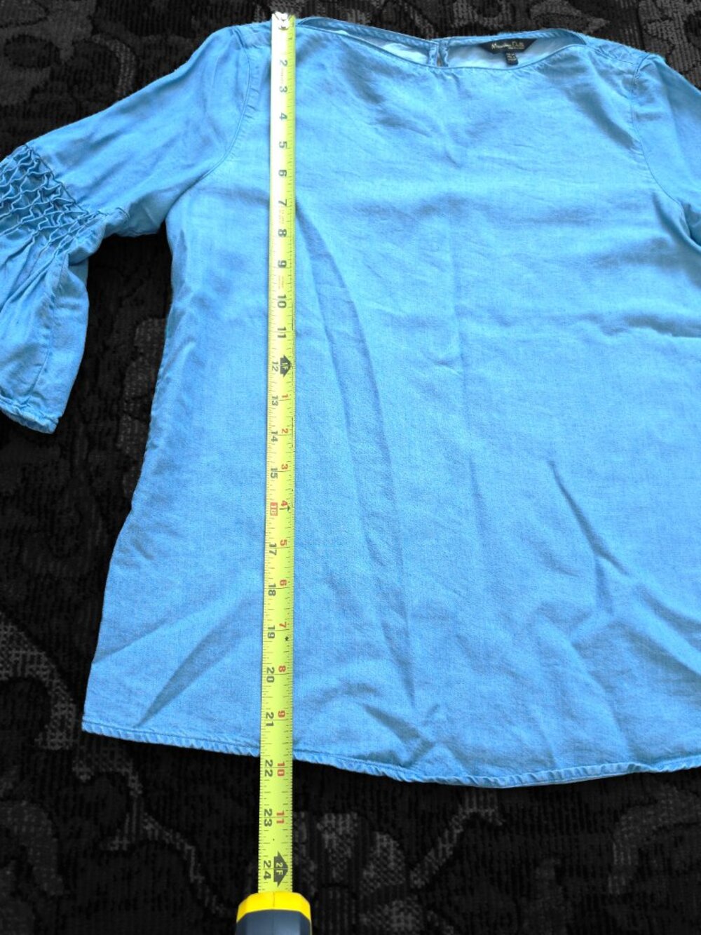 Massimo Dutti Chambray Boatneck Blouse w/ 3/4 Flutter Smocked Sleeves Size 2 EUC - Picture 2 of 7